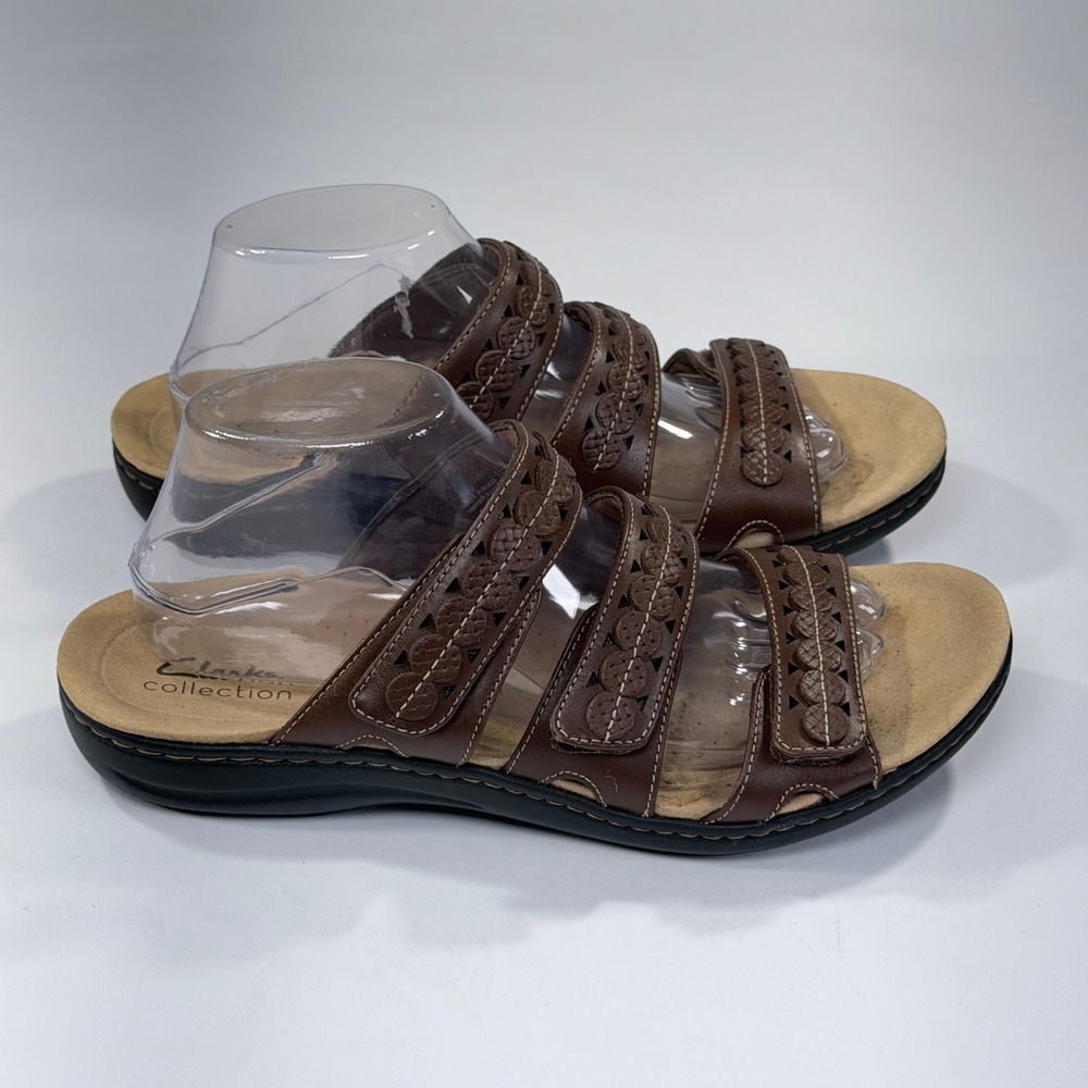 Clarks Leisa Cacti Q Sandals Womens 9W Brown Leather Slide Comfort Casual Boho